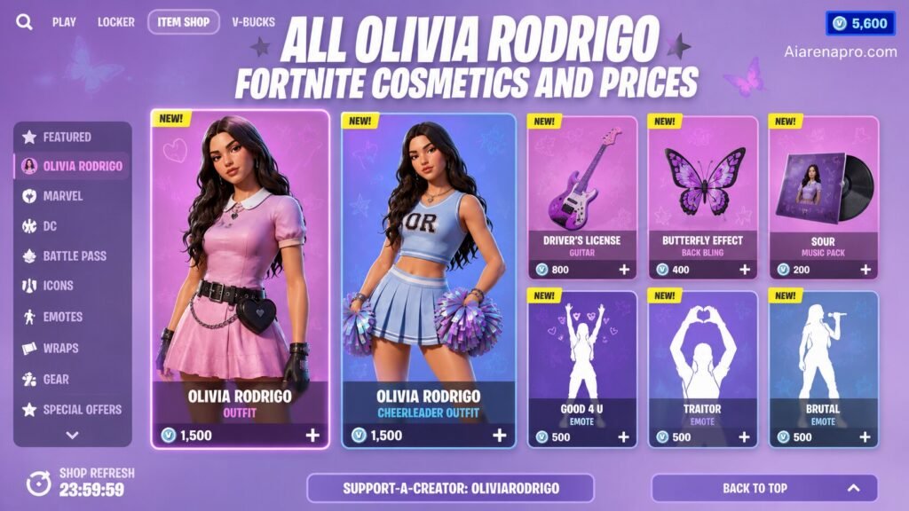 All Olivia Rodrigo Fortnite Cosmetics and Prices